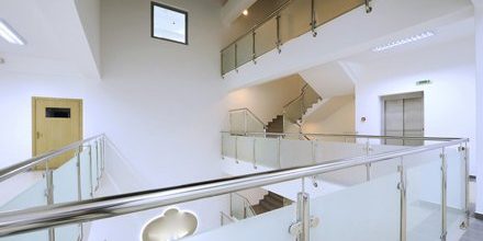 Open plan area with glass and metal balustrades